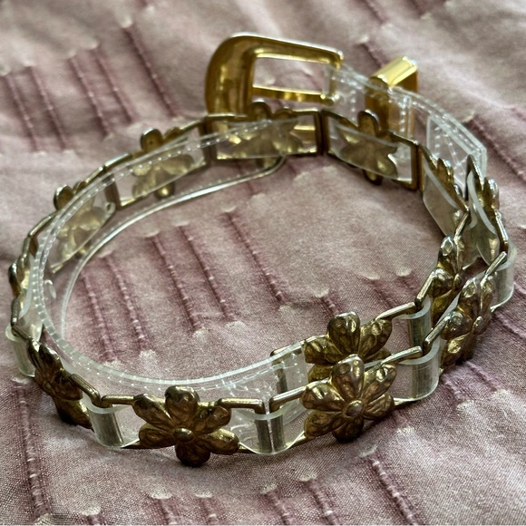 Vintage Clear Plastic and Brass tone Flower Embellished Belt - Picture 4 of 15